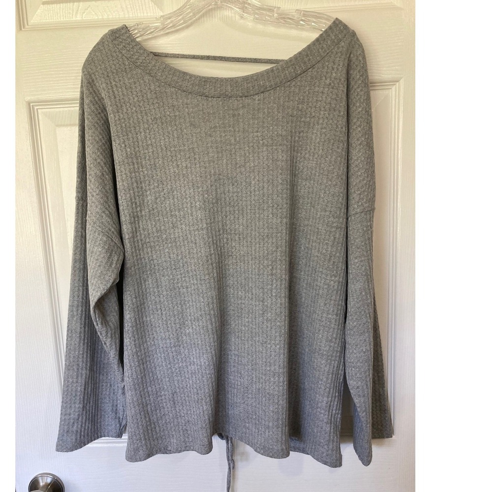 BIBI Waffle Knit Top Gray XL Ruched V-Back Oversized Casual Chic Loungewear